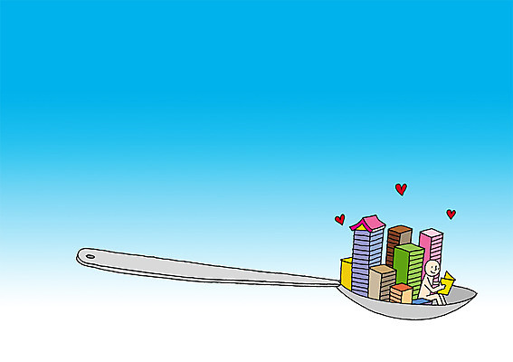 전신 PSD 식기 교육 컬러 하늘색 백그라운드 일러스트 상상 수저 상상일러스트 한명 사람 앉기 책 판타지 독서 쌓기 숟가락 하트 국내일러스트 모양 1 모션 파란색 파일형식