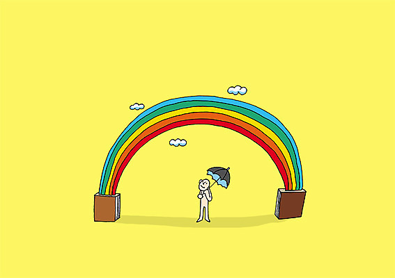 전신 PSD 구름 교육 컬러 백그라운드 무지개 일러스트 우산 상상 상상일러스트 한명 서기 들기 사람 책 판타지 노란색 국내일러스트 자연요소 1 모션 파일형식