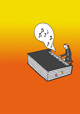 PSD 교육 남자 악기 음악 컬러 백그라운드 말풍선 연주 음표 일러스트 상상 상상일러스트 한명 사람 앉기 정장 상반신 성인 책 판타지 주황색 헤드셋 건반 피아노 남자만 남자한명만 성인남자만 성인만 국내일러스트 1 기호 옷 음향기기 모션 문화예술 헤드폰 건반악기 파일형식