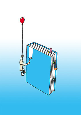 전신 PSD 교육 컬러 백그라운드 일러스트 상상 페인팅 상상일러스트 한명 사람 앉기 책 파란색 판타지 페인트 색칠 칠 페인트통 롤러 풍선 국내일러스트 1 모션 통 파일형식