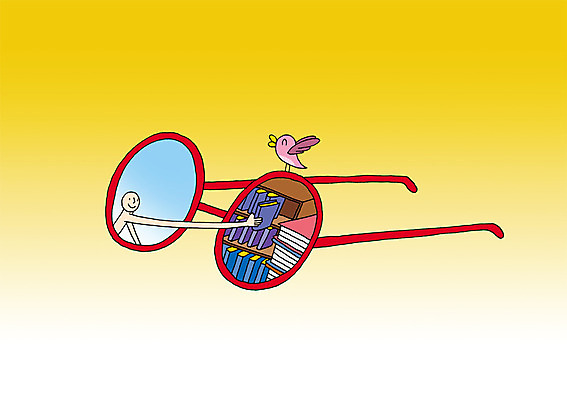 PSD 동물 교육 안경 컬러 백그라운드 일러스트 상상 조류 책장 상상일러스트 한명 사람 상반신 책 판타지 노란색 국내일러스트 1 잡화 가구 파일형식