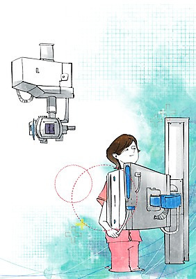PSD 여자 일러스트 의학 의료기기 엑스레이 건강 한명 서기 사람 상반신 성인 치료 건강관리 촬영 도움 보호 질병 흉부 검사_조사 질병관리 촬영장비 여자만 여자한명만 성인여자만 성인만 국내일러스트 1 컨셉 모션 관리 도구 호흡기관 파일형식