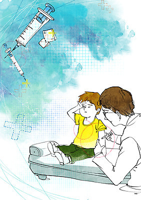 전신 PSD 남자 어린이 일러스트 의학 건강 주사기 사람 앉기 손짓 소년 성인 두명 치료 약 건강관리 진료 환자 의사 침대 눈가림 도움 보호 질병 질병관리 소아과 남자만 국내일러스트 가구 컨셉 의료기기 모션 병원 관리 의료진 가림 파일형식