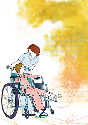 전신 PSD 여자 어린이 일러스트 의학 건강 사람 앉기 소녀 성인 두명 치료 건강관리 환자 의사 도움 보호 질병 휠체어 질병관리 붕대 깁스 골절 정형외과 여자만 국내일러스트 컨셉 모션 병원 관리 의료진 의료용품 파일형식