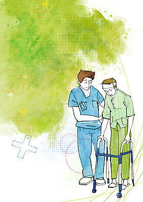 전신 PSD 남자 일러스트 의학 건강 서기 사람 성인 두명 치료 건강관리 환자 간호사 도움 보호 질병 질병관리 붕대 보조기 재활 남자만 성인남자만 성인만 국내일러스트 컨셉 모션 관리 의료진 파일형식