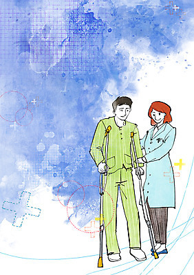 전신 PSD 여자 남자 일러스트 의학 건강 서기 사람 성인 두명 치료 건강관리 환자 의사 의사가운 도움 보호 질병 질병관리 목발 부축 성인만 국내일러스트 컨셉 의료기기 모션 관리 의료진 가운 파일형식