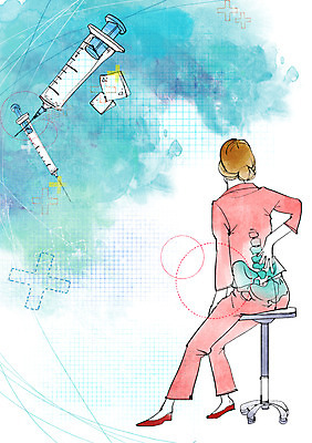 전신 PSD 여자 의자 일러스트 의학 뼈 건강 주사기 한명 사람 앉기 성인 치료 약 건강관리 환자 도움 보호 질병 척추 질병관리 허리디스크 여자만 여자한명만 성인여자만 성인만 국내일러스트 1 가구 컨셉 의료기기 모션 관리 디스크_질병 파일형식