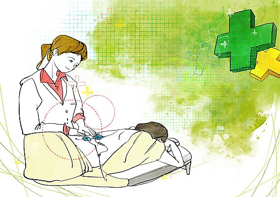 PSD 여자 일러스트 의학 의료기기 건강 서기 사람 상반신 성인 두명 치료 눕기 건강관리 이불 환자 의사 침대 의사가운 도움 보호 질병 질병관리 물리치료 여자만 성인여자만 성인만 국내일러스트 가구 컨셉 침구 모션 관리 의료진 가운 파일형식