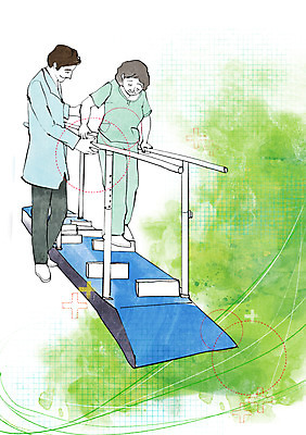 전신 PSD 여자 남자 일러스트 의학 의료기기 건강 사람 성인 두명 치료 건강관리 환자 의사 기구 도구 의사가운 도움 보호 질병 질병관리 재활 성인만 국내일러스트 컨셉 관리 의료진 가운 파일형식