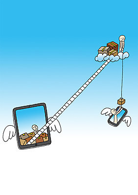 PSD 줄 백그라운드 날개 일러스트 사다리 상상 하늘 정보기술 상상일러스트 사람 상반신 세명 판타지 상자 태블릿 꿈 운송업 발전 스마트 배송 언론 전송 혁명 국내일러스트 산업 컨셉 기술 전자제품 스마트기기 도구 파일형식