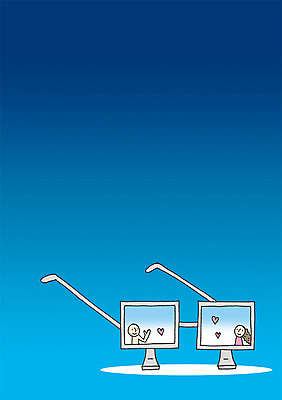 PSD 커플 여자 남자 안경 백그라운드 일러스트 상상 상상일러스트 사람 상반신 두명 판타지 스크린 모니터 꿈 하트 발전 스마트 언론 혁명 국내일러스트 모양 잡화 컨셉 관계 컴퓨터 파일형식