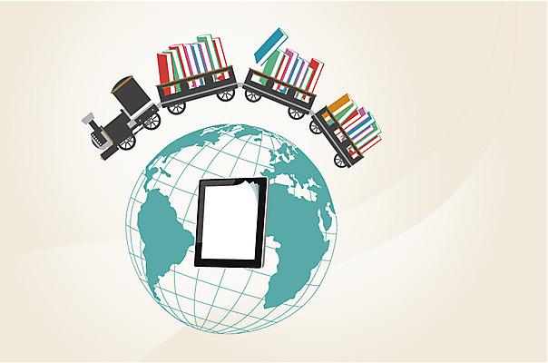 교육 지구 일러스트 비즈니스 정보기술 사람없음 책 비즈니스라이프 스마트기기 태블릿 세계 글로벌 지구본 기차 전자책 스마트 배송 e비즈니스 정보화 정보화시대 국내일러스트 AI파일 라이프스타일 육상교통 컨셉 대중교통 기술 전자제품 파일형식 벡터