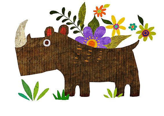 PSD 식물 동물 척추동물 캐릭터 한마리 꽃 동물캐릭터 일러스트 포유류 애니멀프린트 사람없음 코뿔소 일러캐릭터 1 파일형식