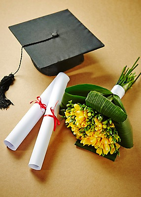 포토 JPG 스튜디오촬영 식물 모자 꽃 리본 컬러 꽃다발 백그라운드 꽃백그라운드 학사모 졸업 실내 사람없음 노란색 졸업장 두루마리 졸업선물 프리지어 국내포토 모자_잡화 잡화 교육 선물 내부 파일형식