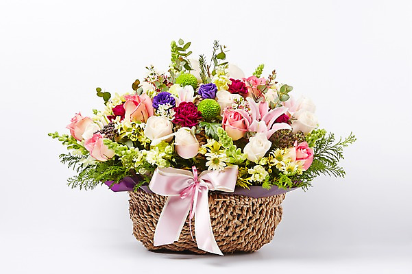 포토 JPG 스튜디오촬영 식물 꽃 리본 백그라운드 꽃백그라운드 실내 선물 사람없음 컬러풀 바구니 꽃꽂이 꽃바구니 국내포토 컬러 내부 원예 파일형식