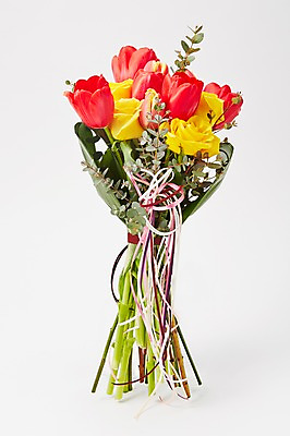 포토 JPG 스튜디오촬영 식물 꽃 리본 컬러 꽃다발 백그라운드 꽃백그라운드 실내 선물 사람없음 빨간색 노란색 튤립 국내포토 내부 파일형식