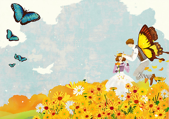 전신 PSD 식물 동물 커플 여자 남자 꽃 행복 커플라이프 나비 곤충 꽃밭 데이트 일러스트 상상 상상일러스트 사랑 서기 사람 성인 두명 판타지 성인만 국내일러스트 라이프스타일 감정 관계 모션 파일형식