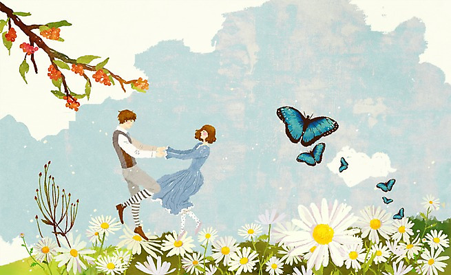 전신 PSD 나무 식물 동물 커플 여자 남자 꽃 행복 커플라이프 나비 곤충 꽃밭 데이트 일러스트 상상 상상일러스트 사랑 서기 사람 성인 두명 판타지 손잡기 성인만 국내일러스트 라이프스타일 감정 관계 모션 파일형식