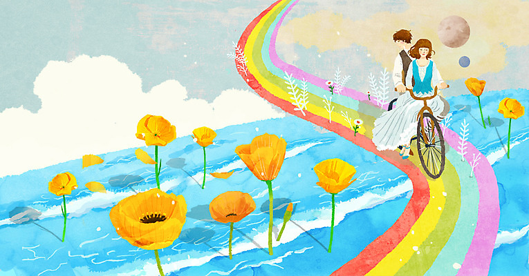 전신 PSD 식물 구름 커플 여자 남자 꽃 행복 길 바다 커플라이프 무지개 데이트 일러스트 상상 상상일러스트 사랑 사람 앉기 성인 두명 판타지 자전거 성인만 국내일러스트 자연요소 라이프스타일 감정 관계 모션 바이크 파일형식