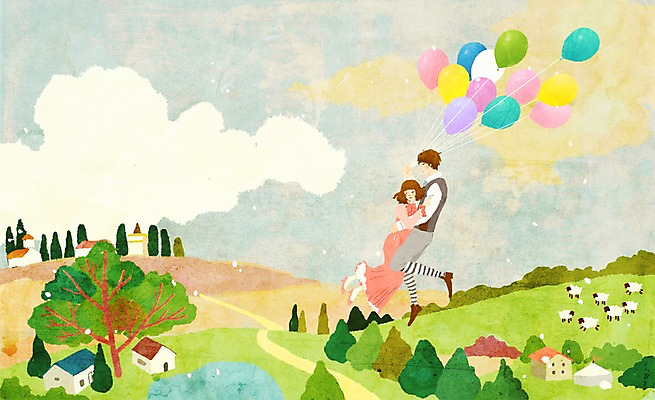 전신 PSD 나무 식물 동물 구름 건축물 커플 여자 남자 행복 길 커플라이프 데이트 일러스트 상상 주택 상상일러스트 사랑 사람 초원 성인 두명 건물 판타지 마을 양 풍선 성인만 국내일러스트 자연요소 라이프스타일 건축 감정 포유류 관계 파일형식