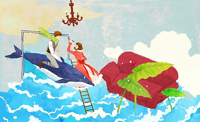 전신 PSD 식물 커플 여자 남자 행복 바다 커플라이프 데이트 일러스트 사다리 창문 상상 상상일러스트 사랑 사람 앉기 성인 두명 물 판타지 소파 붓 풀 고래 그림 샹들리에 성인만 국내일러스트 자연요소 라이프스타일 감정 의자 포유류 관계 모션 조명 수중동물 도구 파일형식