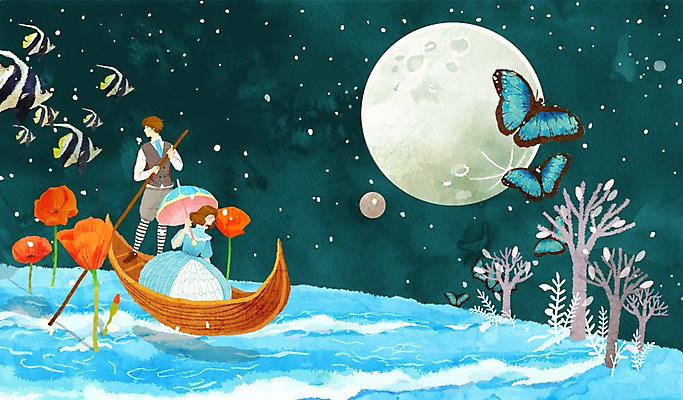 전신 PSD 나무 식물 동물 커플 여자 남자 꽃 행복 별 커플라이프 나비 곤충 데이트 일러스트 상상 밤하늘 하늘 상상일러스트 사랑 어류 서기 사람 앉기 성인 두명 강 판타지 보름달 달 나룻배 노 양산 선박 성인만 국내일러스트 자연요소 라이프스타일 감정 수상교통 배_교통 관계 모션 수중동물 야간 파일형식