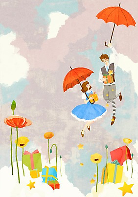 전신 PSD 식물 구름 커플 여자 남자 꽃 행복 커플라이프 데이트 일러스트 우산 상상 상상일러스트 선물 사랑 들기 사람 성인 두명 선물상자 판타지 운반 성인만 국내일러스트 자연요소 라이프스타일 감정 관계 모션 상자 파일형식