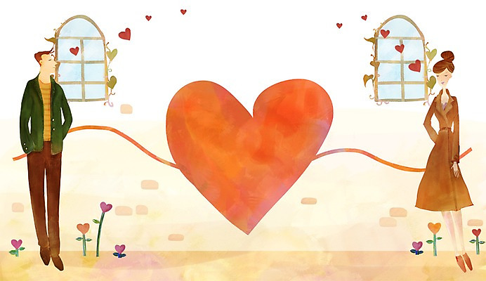 전신 PSD 커플 여자 남자 행복 백그라운드 일러스트 창문 사랑 서기 사람 성인 두명 담장 하트 실 하트백그라운드 성인만 국내일러스트 모양 감정 관계 모션 파일형식