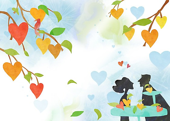 PSD 나무 커플 여자 남자 행복 실루엣 백그라운드 일러스트 탁자 사랑 서기 사람 상반신 성인 두명 나뭇가지 하트 하트백그라운드 성인만 국내일러스트 모양 식물 감정 가구 관계 모션 촬영기법 파일형식