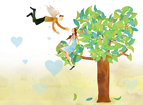 전신 PSD 나무 식물 커플 여자 남자 행복 백그라운드 날개 일러스트 천사 사랑 사람 앉기 성인 두명 하트 하트백그라운드 천사날개 성인만 국내일러스트 모양 감정 관계 모션 파일형식