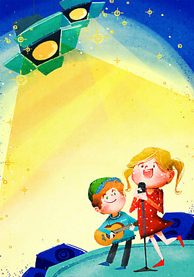 전신 PSD 여자 교육 남자 어린이라이프 문화 어린이 예술 악기 음악 백그라운드 연주 일러스트 노래 문화예술 조명 서기 사람 소녀 소년 두명 라이프 무대 기타 스탠드마이크 마이크 즐거움 스포트라이트 어린이만 국내일러스트 라이프스타일 감정 음향기기 모션 현악기 생활 파일형식