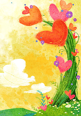 PSD 나무 식물 구름 계절 꽃 백그라운드 일러스트 상상 자연 하늘 사랑 풍경 사람없음 봄 하트 하트백그라운드 봄배경 국내일러스트 자연요소 모양 감정 생태계 파일형식