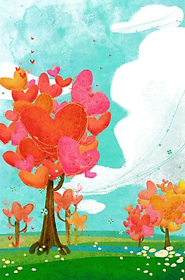 PSD 나무 식물 구름 계절 꽃 백그라운드 일러스트 상상 자연 하늘 사랑 풍경 잔디 사람없음 봄 하트 하트백그라운드 봄배경 국내일러스트 자연요소 모양 감정 생태계 파일형식