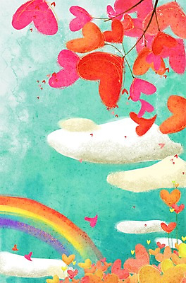 PSD 나무 식물 구름 계절 백그라운드 무지개 일러스트 상상 자연 하늘 사랑 풍경 사람없음 봄 나뭇가지 하트 하트백그라운드 봄배경 국내일러스트 자연요소 모양 감정 생태계 파일형식