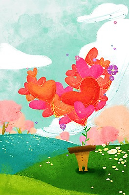 PSD 식물 구름 계절 꽃 화분 백그라운드 일러스트 상상 자연 하늘 사랑 풍경 사람없음 새싹 봄 하트 언덕 하트백그라운드 봄배경 국내일러스트 자연요소 모양 감정 생태계 파일형식
