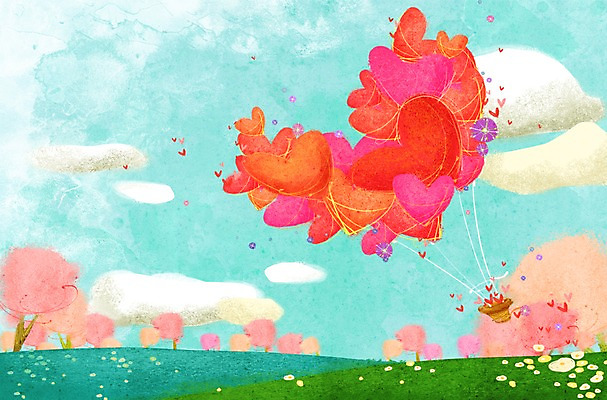 PSD 나무 식물 구름 계절 꽃 백그라운드 일러스트 상상 자연 하늘 사랑 풍경 사람없음 봄 기구 열기구 하트 하트백그라운드 봄배경 국내일러스트 자연요소 모양 감정 항공교통 생태계 파일형식
