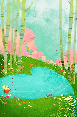 PSD 나무 식물 구름 계절 꽃 호수 백그라운드 일러스트 상상 자연 하늘 사랑 풍경 잔디 사람없음 봄 하트 연못 하트백그라운드 봄배경 국내일러스트 자연요소 모양 감정 생태계 파일형식