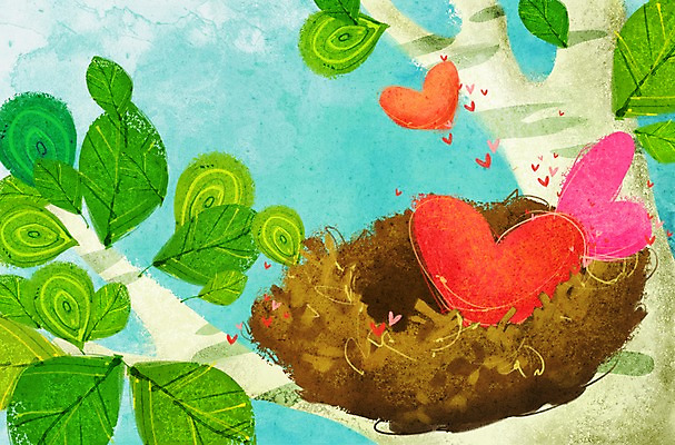 PSD 나무 식물 구름 계절 백그라운드 잎 일러스트 상상 자연 하늘 사랑 풍경 사람없음 봄 나뭇가지 하트 둥지 하트백그라운드 봄배경 국내일러스트 자연요소 모양 감정 생태계 파일형식