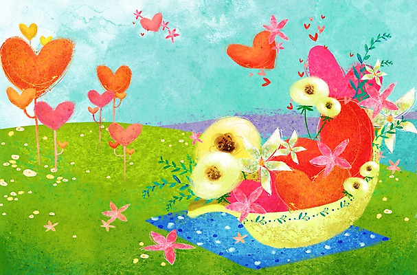 PSD 식물 구름 그릇 접시 계절 꽃 백그라운드 일러스트 상상 자연 하늘 사랑 풍경 잔디 사람없음 소풍 바구니 봄 하트 돗자리 담기 하트백그라운드 봄배경 국내일러스트 자연요소 모양 식기 감정 모션 야외활동 생태계 파일형식