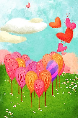 PSD 나무 식물 구름 계절 꽃 백그라운드 일러스트 상상 자연 하늘 사랑 풍경 잔디 사람없음 봄 하트 하트백그라운드 봄배경 국내일러스트 자연요소 모양 감정 생태계 파일형식