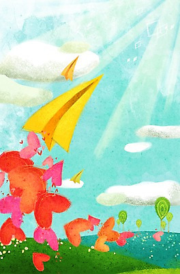 PSD 나무 식물 구름 계절 백그라운드 일러스트 상상 자연 하늘 사랑 풍경 잔디 사람없음 햇빛 반사 봄 하트 종이비행기 하트백그라운드 봄배경 국내일러스트 자연요소 모양 감정 태양 생태계 종이접기 파일형식