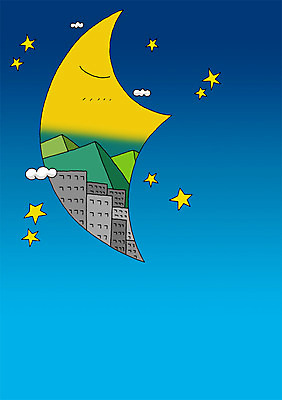 PSD 구름 건축물 별 백그라운드 일러스트 상상 밤하늘 하늘 산 상상일러스트 사람없음 건물 판타지 꿈 달 초승달 언론 소통 국내일러스트 자연요소 건축 컨셉 야간 파일형식