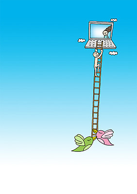 전신 PSD 동물 구름 여자 남자 백그라운드 일러스트 사다리 상상 조류 하늘 상상일러스트 서기 사람 두명 판타지 스크린 모니터 꿈 언론 소통 국내일러스트 자연요소 컨셉 모션 컴퓨터 도구 파일형식