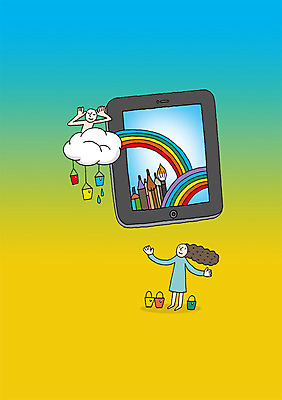 전신 PSD 구름 여자 남자 백그라운드 일러스트 상상 색연필 상상일러스트 서기 사람 두명 스마트기기 판타지 태블릿 스크린 물감 미술도구 꿈 붓 양동이 언론 소통 국내일러스트 자연요소 컨셉 모션 학용품 전자제품 오브젝트 파일형식