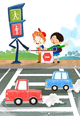 전신 PSD 기호 어린이교육 교육 남자 도로 어린이 일러스트 상상 자동차 상상일러스트 서기 사람 소년 두명 판타지 횡단보도 정지 신호등 즐거움 신호 어린이상상 교통안전 스쿨존 남자만 어린이만 소년만 동심 국내일러스트 문자 감정 길 육상교통 교통시설 모션 안전 보행로 파일형식