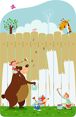 전신 나무 식물 동물 구름 여자 남자 행복 어린이 백그라운드 음표 일러스트 곰 조류 함께함 사람 앉기 소녀 소년 잔디 두명 울타리 페인트 붓 색칠 기린 즐거움 페인트통 여우 소통 어린이만 국내일러스트 AI파일 자연요소 기호 감정 음악 컨셉 포유류 모션 통 담장 파일형식 벡터