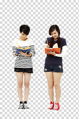 전신 외국인 편집 편집이미지 학생 응시 여학생 여자 청소년 고등학생 서기 웃음 들기 사람 동양인 두명 앞모습 10대 책 친구 연필 기록 교과서 학습지 PNG 여자만 십대만 십대여자만 편집소스 시선 뷰포인트 관계 모션 학용품 교재 표정 인종 필기구 파일형식