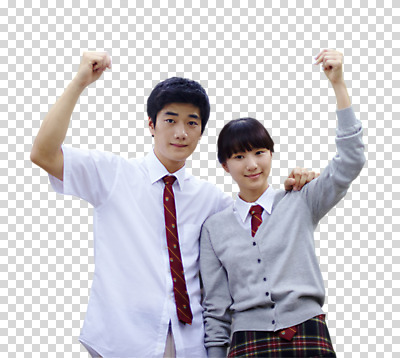 편집 편집이미지 학생 여학생 여자 남자 교복 남학생 포즈 모션 청소년 고등학생 어깨동무 서기 웃음 사람 동양인 상반신 두명 10대 친구 손들기 주먹 한국인 PNG 십대만 편집소스 옷 관계 표정 인종 파일형식