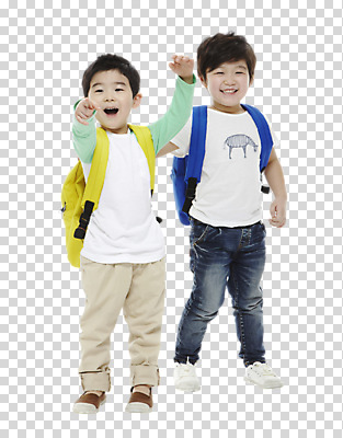 전신 편집 편집이미지 라이프스타일 남자 어린이라이프 어린이 포즈 가방 모션 책가방 서기 웃음 사람 동양인 손짓 소년 두명 앞모습 친구 유치원생 한국인 검지손가락 가리킴 PNG 남자만 어린이만 소년만 편집소스 잡화 뷰포인트 손가락 관계 표정 인종 생활 파일형식