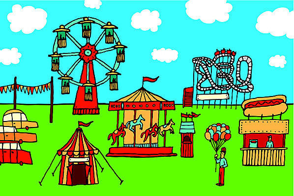 EPS 해외이미지 공원 일러스트 자동차 컬러풀 만화 풍선 핫도그 회전목마 해외202004 해외일러스트 공공시설 음식 육상교통 컬러 패스트푸드 놀이기구 파일형식 벡터 이미지허브